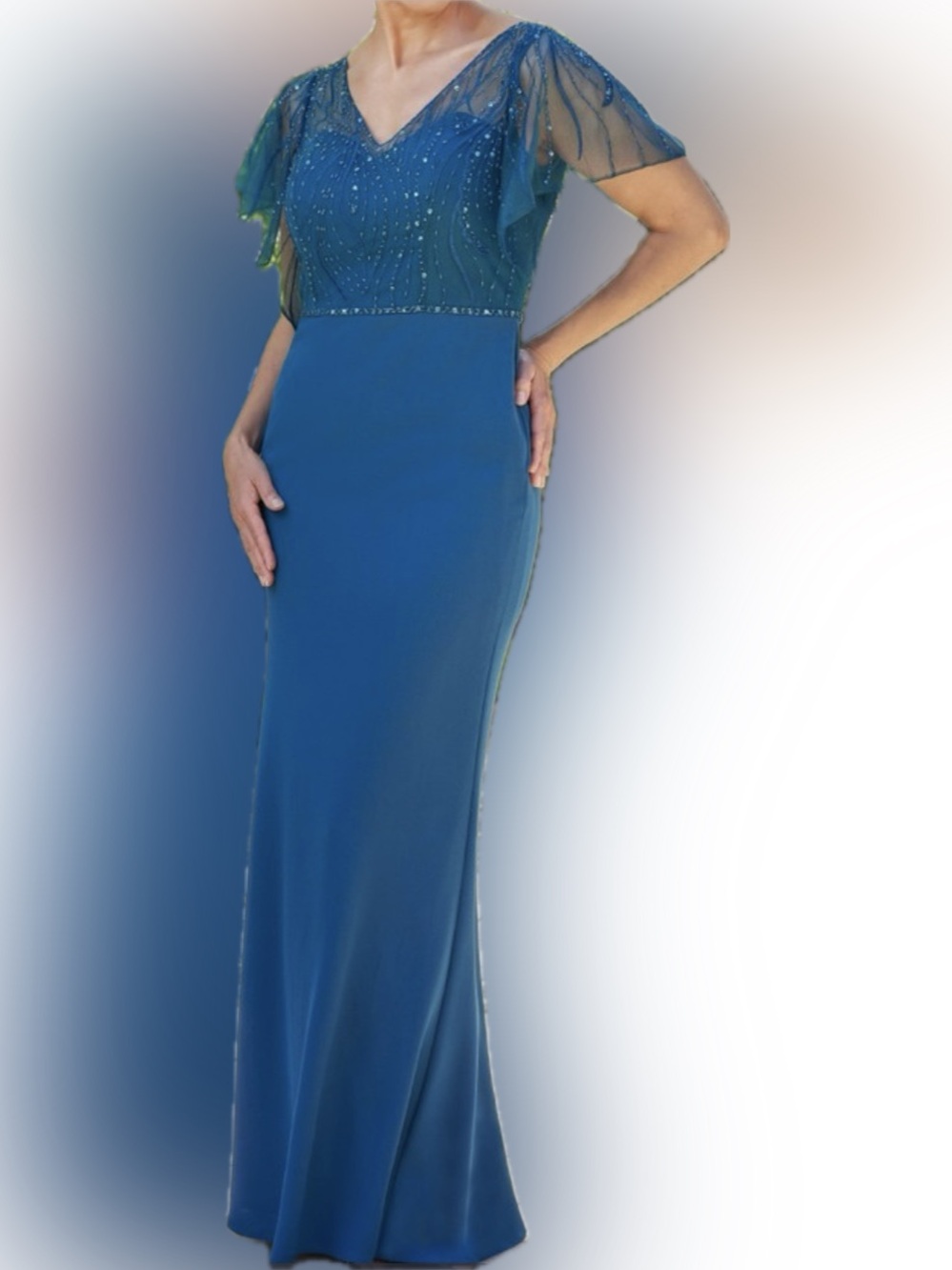 Jade Couture Elegant Steel Grey Maxi - Sleek Fitted Design